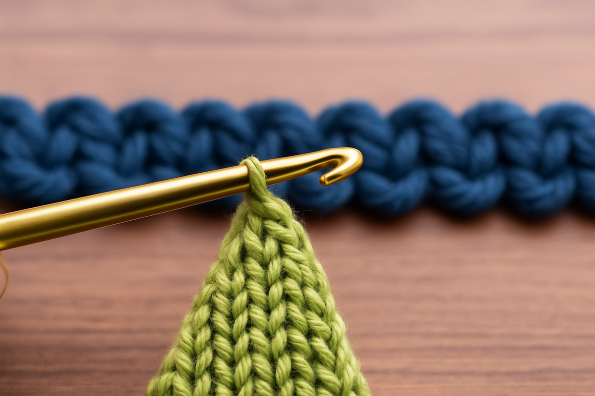 A crochet hook pulling yarn through a looped stitch, with a row of completed stitches in the background