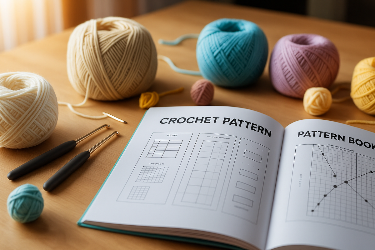 A table with yarn, crochet hooks, and a pattern book open to a page with a diagram, surrounded by a few completed crochet pieces