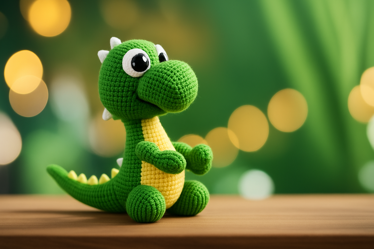 A crochet hook and yarn create a small green dinosaur with a long tail and sharp teeth