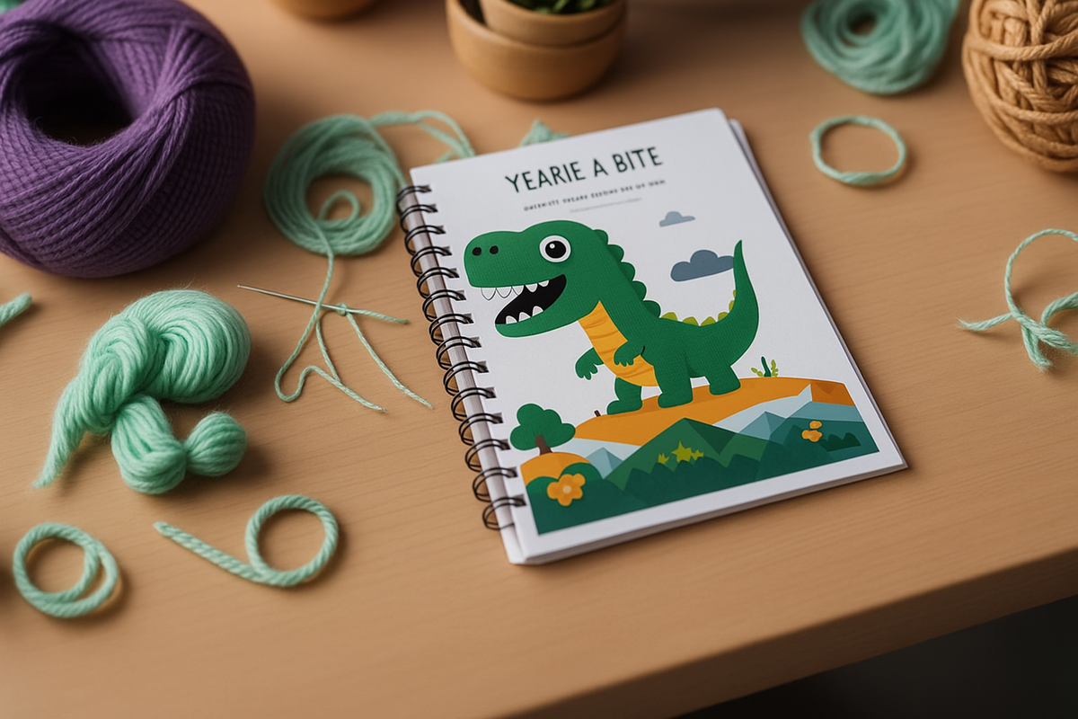 A table with yarn, crochet hooks, scissors, and a pattern book open to a dinosaur design