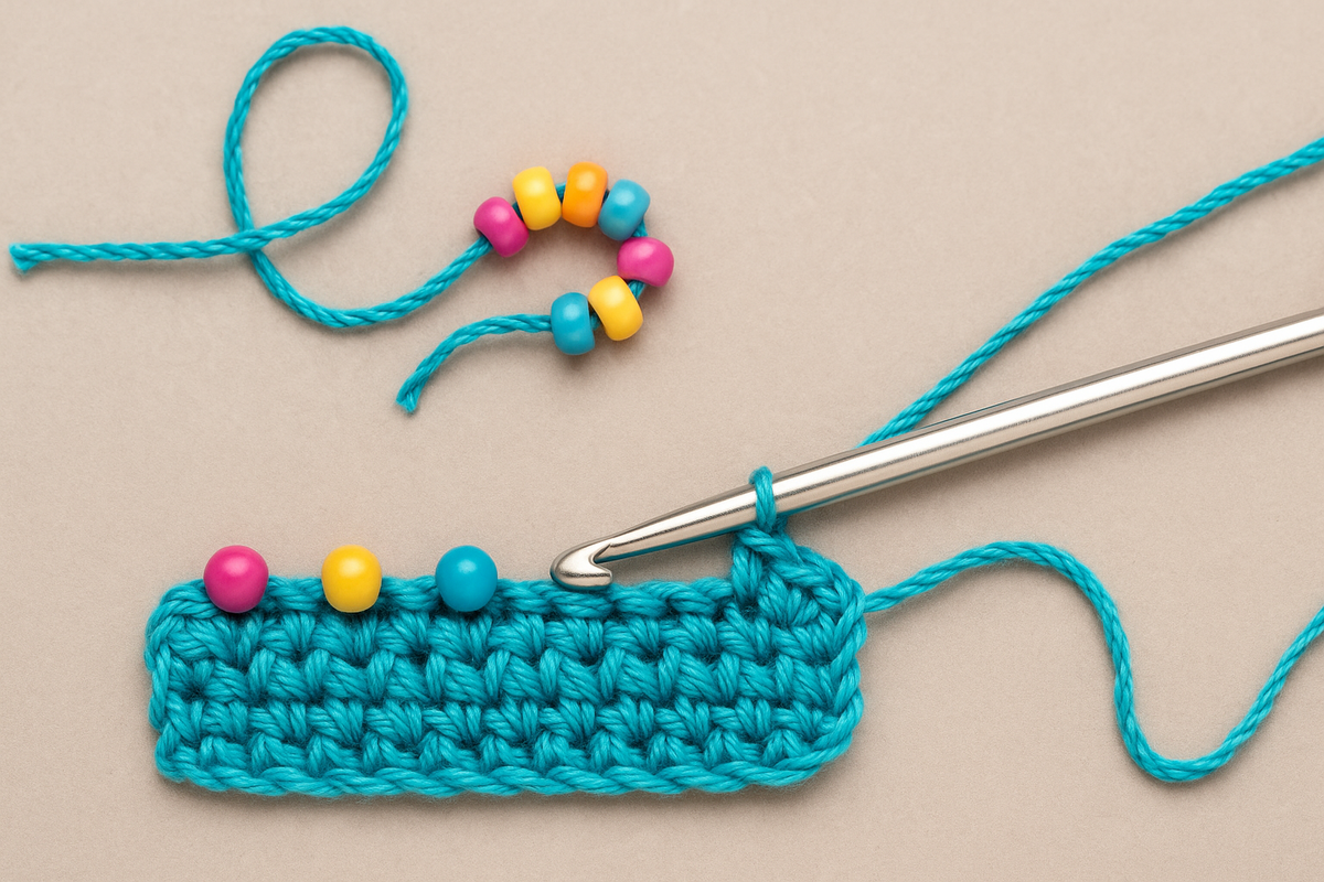 A crochet hook pulling a strand of beads through a looped yarn