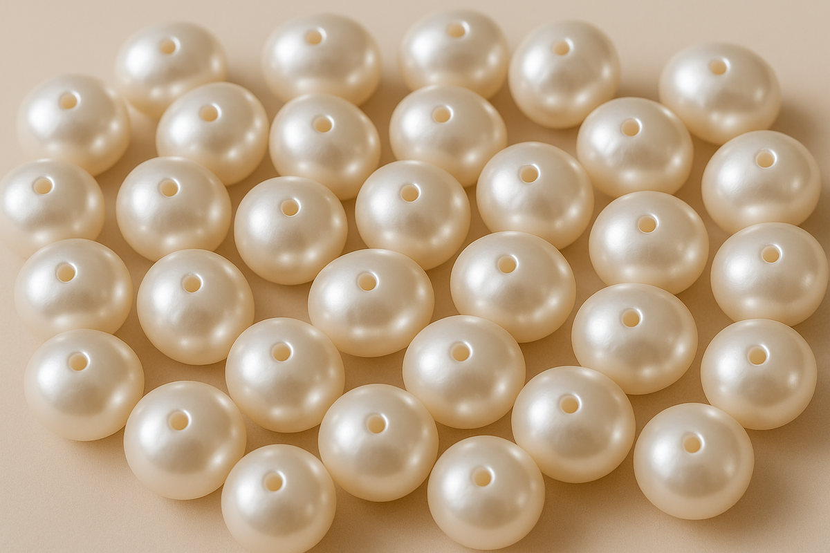 Close-up of several fresh water pearl beads scattered on a smooth surface.