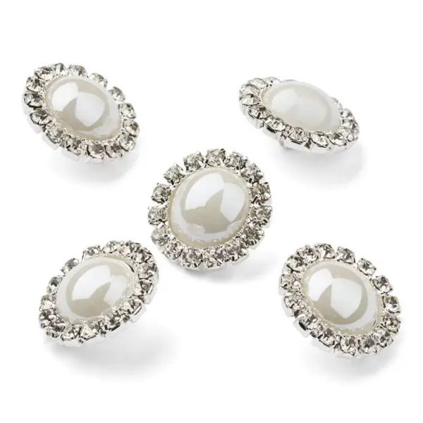 HobbyArts Rhinestone/Pearl Buttons, White, 15 mm, 5 pcs