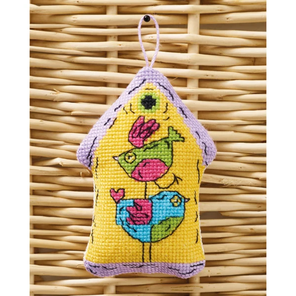 Birdhouse yellow 2 birds 7 x 9 cm / 2.76 x 3.54 in