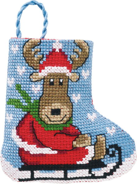 Embroidery Kit Moose sled Christmas stocking 7 x 8 cm / 2.76 x 3.15 in