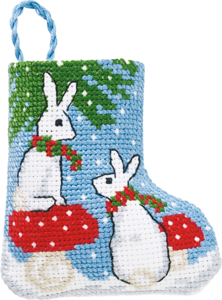 Embroidery Kit Rabbits Christmas Stocking 7 x 8 cm / 2.76 x 3.15 in