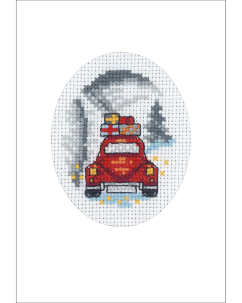 Embroidery Kit Red Car Christmas Card 9 x 13 cm / 3.54 x 5.12 in