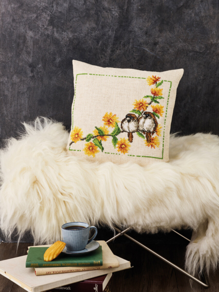 Embroidery Kit Ranunculus & Sparrows 40 x 40 cm / 15.75 x 15.75 in