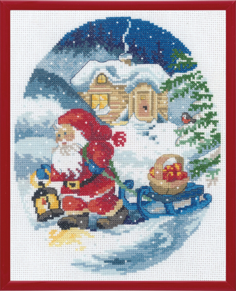 Embroidery Kit Elf pulling sled R5798 20 x 25 cm / 7.87 x 9.84 in