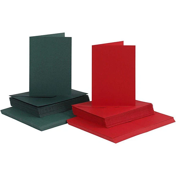 Kort og kuverter, kort 10,5 x 15 cm, kuvert 11,5 x 16,5 cm, 50 sæt Grøn Rød