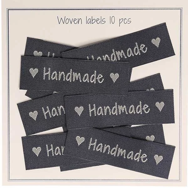 Go Handmade Vævet Label, Handmade, 50 x 15 mm, 10 stk Grå m. hjerter
