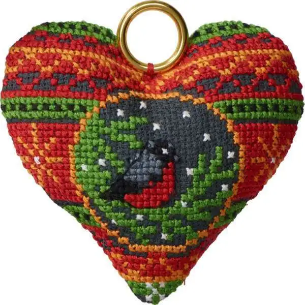 Embroidery kit Christmas pendant Bullfinch in heart