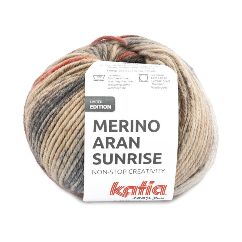 Katia Merino Aran Sunrise 300 Pale Brown-Rust Red-Jeans Blue