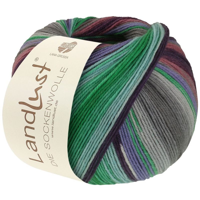 Lana Grossa Landlust Die Sockenwolle 130 Emerald/Turquoise/Dark-/Blue-violet/Light gray/Gray/Old rose/Blackberry striped