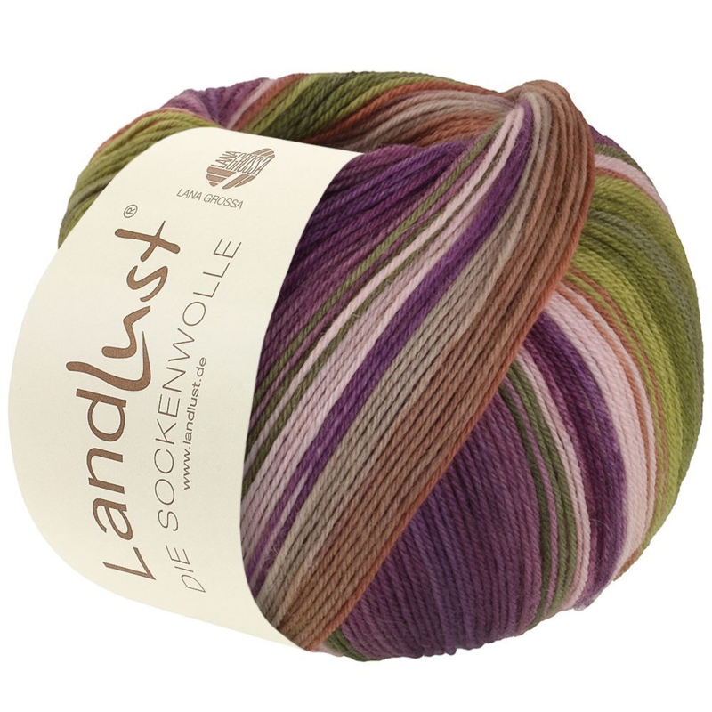 Lana Grossa Landlust Die Sockenwolle 131 Moss-/Olive-/Lime green/Cinnamon/Pink/Red-violet/Greige/Nougat striped