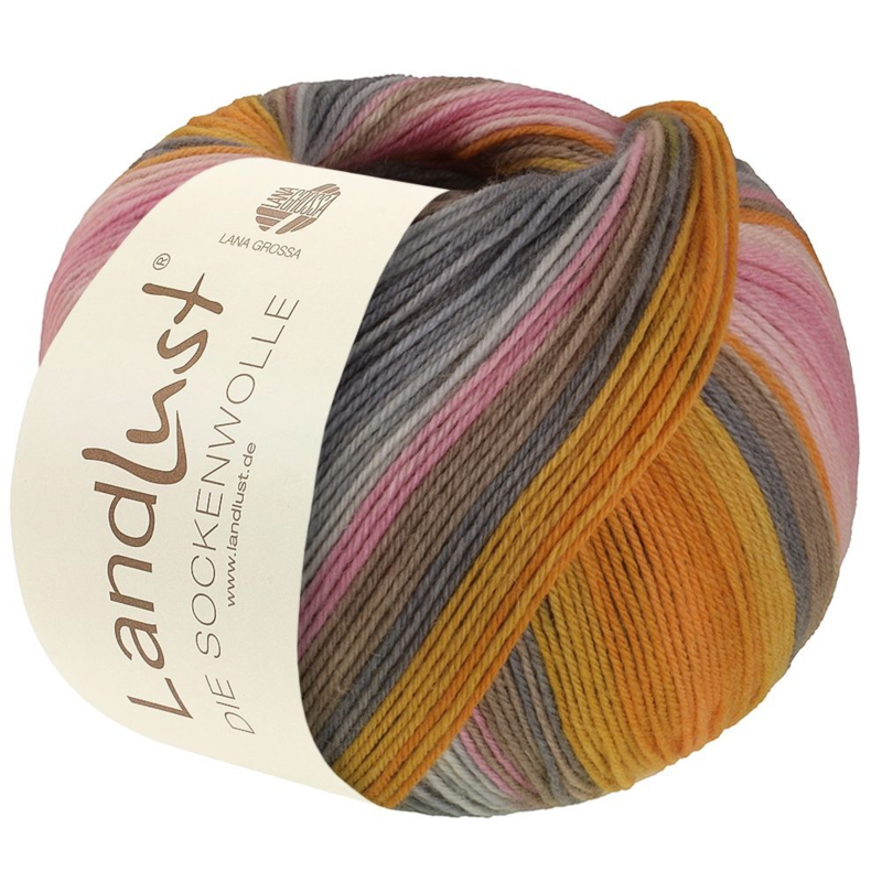 Lana Grossa Landlust Die Sockenwolle 132 Orange/Egg yolk/Salmon orange/Gray/Greige/Pale pink/Pink/Carnation/Light gray striped