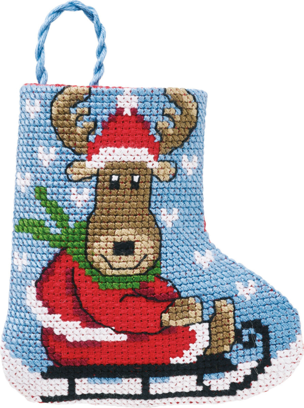 Embroidery Kit Moose sled Christmas stocking 7 x 8 cm / 2.76 x 3.15 in