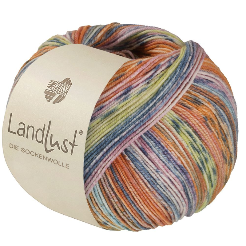 Lana Grossa Landlust die Sockenwolle Seide 336 Salmon/Orange/Grey/Mint/Pink/Lemon yellow/Grey blue striped