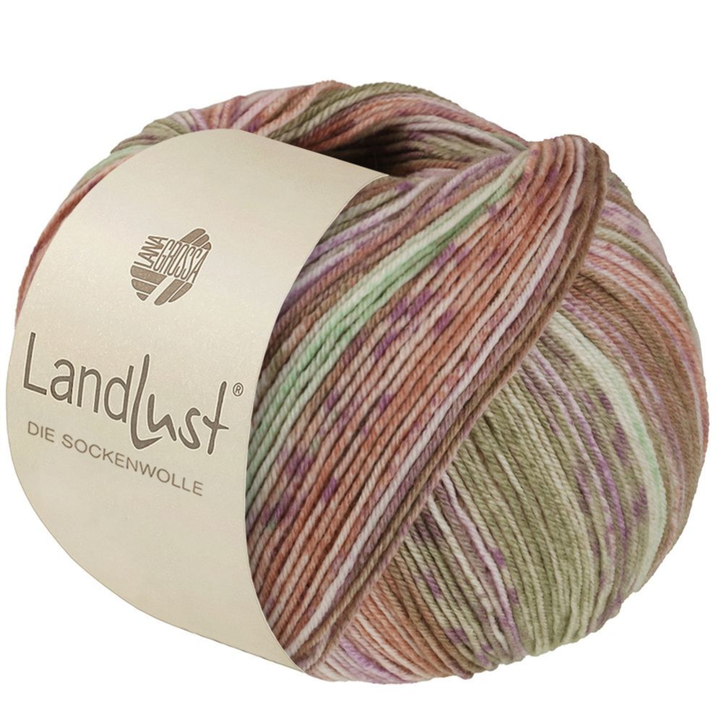 Lana Grossa Landlust die Sockenwolle Seide 332 Khaki green/Beige/Purple/Pink/Peach/Soft green striped