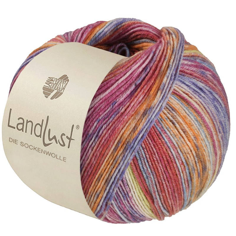 Lana Grossa Landlust die Sockenwolle Seide 335 Orange/Grey/Lemon yellow/Light blue/Blue/Violet/Fuchsia/Light red striped