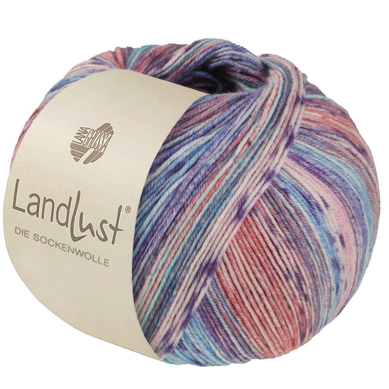 Lana Grossa Landlust die Sockenwolle Seide 334 Turquoise/Sky blue/Violet/Pink/Salmon/Grey-/Light pink striped