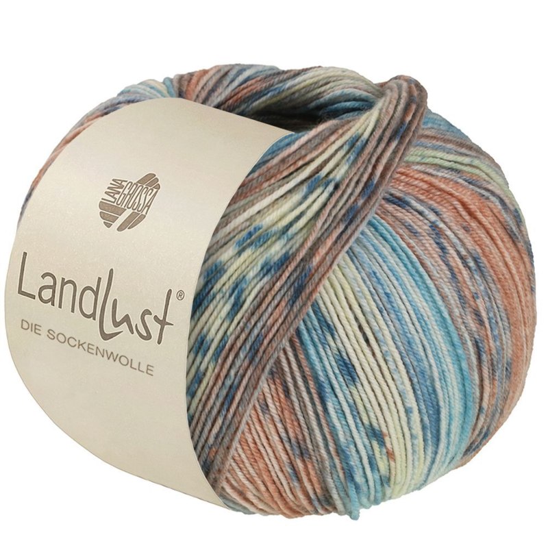 Lana Grossa Landlust die Sockenwolle Seide 333 Mint turquoise/Petrol/Peach/Rose brown/White green/Yellow green striped