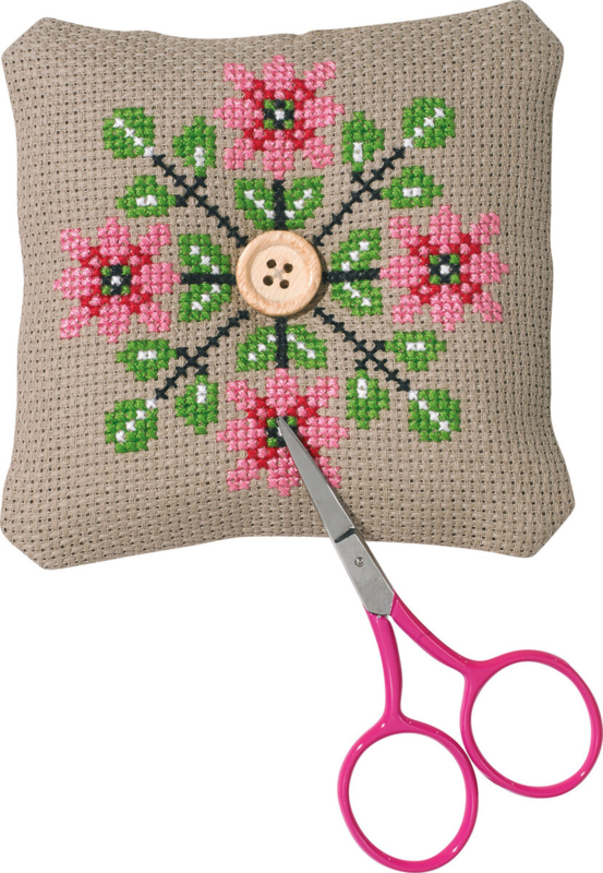 Embroidery Kit Pin Cushion Flowers / Leaves 11x11 cm / 4.33x4.33 in