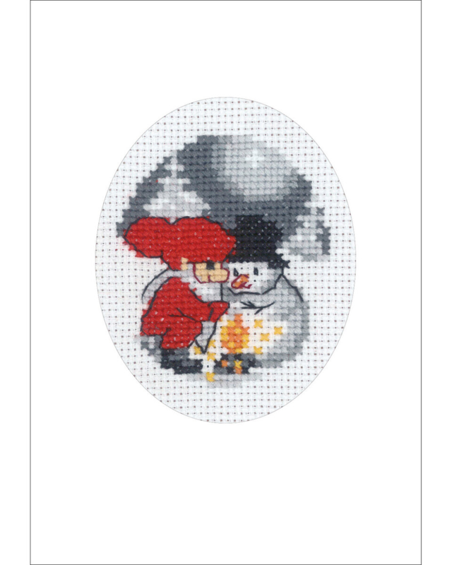 Embroidery Kit Snowman and Elf Christmas Card 9 x 13 cm / 3.54 x 5.12 in