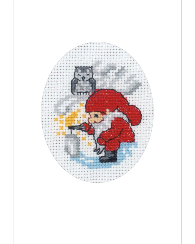 Embroidery Kit Gnome lights candle Christmas card 9 x 13 cm / 3.54 x 5.12 in