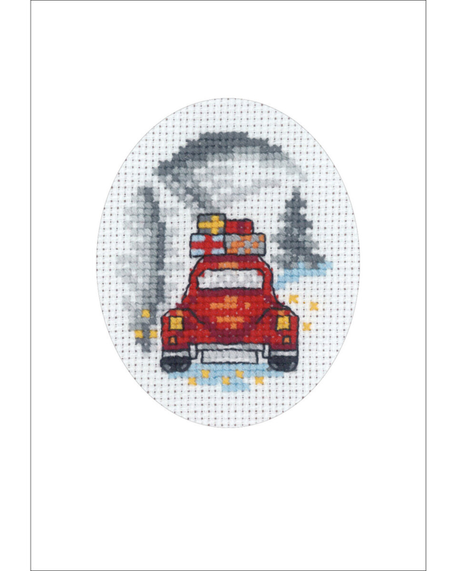Embroidery Kit Red Car Christmas Card 9 x 13 cm / 3.54 x 5.12 in