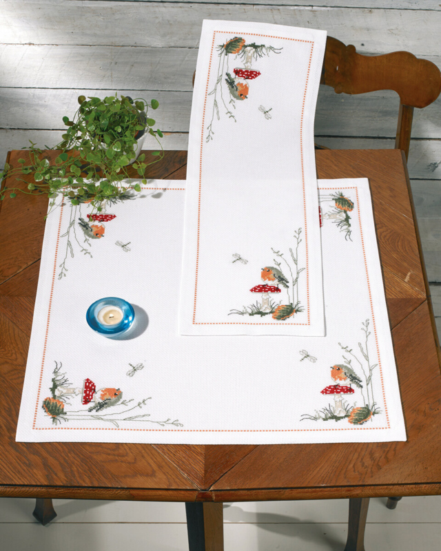 Embroidery Kit Robin and Mushroom 56 x 56 cm / 22.05 x 22.05 in