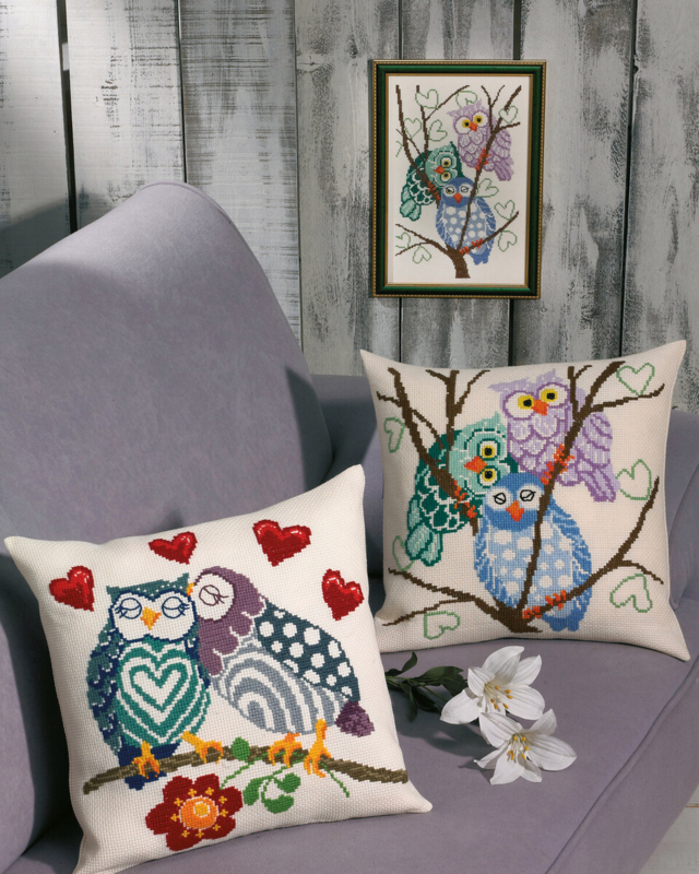 Embroidery Kit Three owls 40 x 40 cm / 16 x 16 in