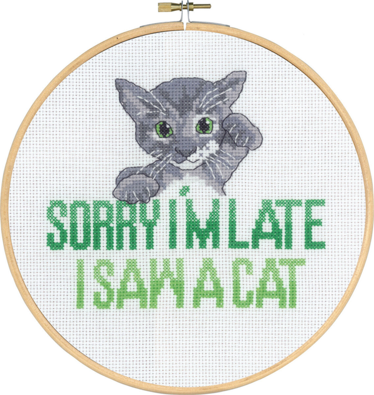 Embroidery Kit Sorry I'm late Cat 5810/20 20 cm / 7.87 in dia.