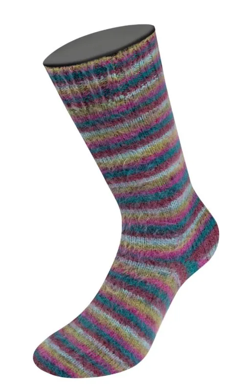 Lana Grossa Cosy Socks Multi Stripes 158 Petrol/dark fuchsia/olive/mint turquoise/dark red