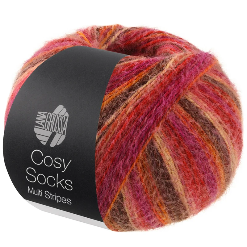 Lana Grossa Cosy Socks Multi Stripes 159 Red/fuchsia/orange/dark brown/salmon