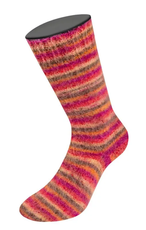 Lana Grossa Cosy Socks Multi Stripes 159 Red/fuchsia/orange/dark brown/salmon