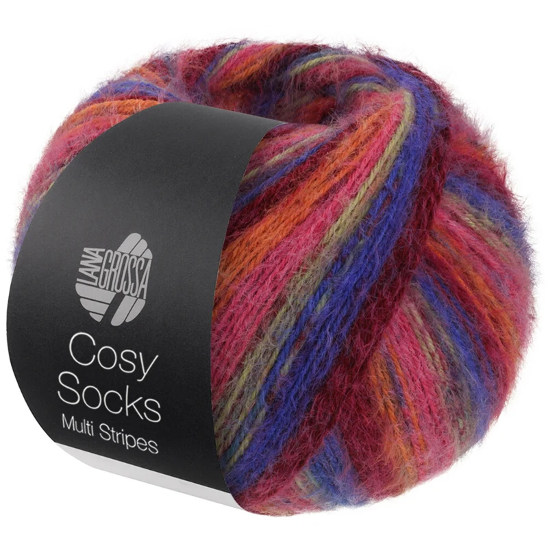 Lana Grossa Cosy Socks Multi Stripes 156 Blue violet/wine red/pumpkin/pink/grey green