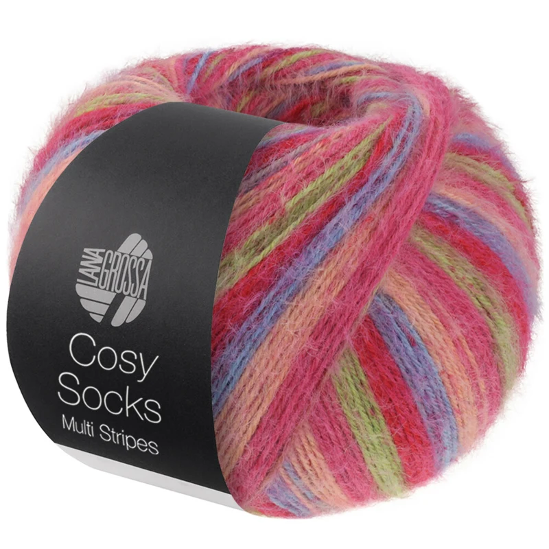 Lana Grossa Cosy Socks Multi Stripes 152 Tulip red/violet blue/salmon pink/pink/light green