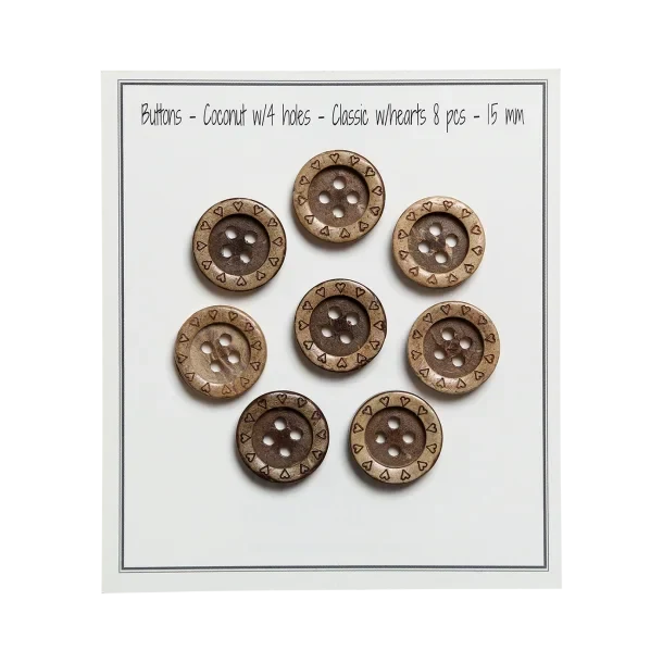 Go Handmade Coconut Buttons with Hearts: 15 mm