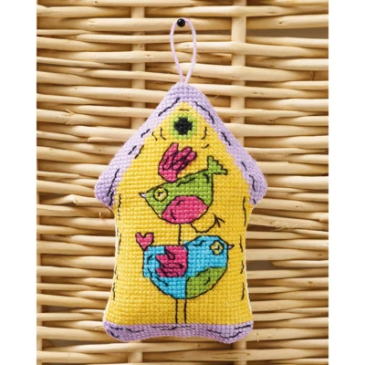 Birdhouse yellow 2 birds 7 x 9 cm / 2.76 x 3.54 in
