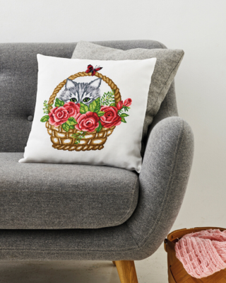 Embroidery Kit Basket & cat 39 x 39 cm / 15.35 x 15.35 in