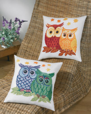 Embroidery Kit Owls blue/green 42x42 cm / 16.54x16.54 in